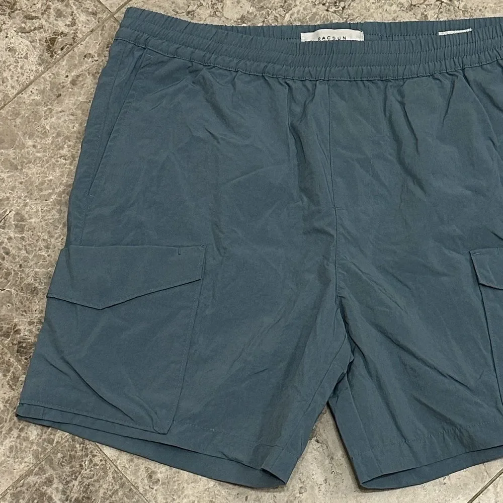 Pacsun Men’s Nylon Cargo Shorts Blue NEW Large Elastic Waist Casual Streetwear